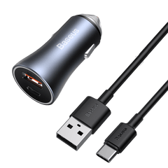 Baseus Golden Contactor Pro Fast Car Charger USB Type C / USB 40 W Power Delivery 3.0 Quick Charge 4+ SCP FCP AFC + USB Cable - USB Type C Grey (TZCCJD-0G)