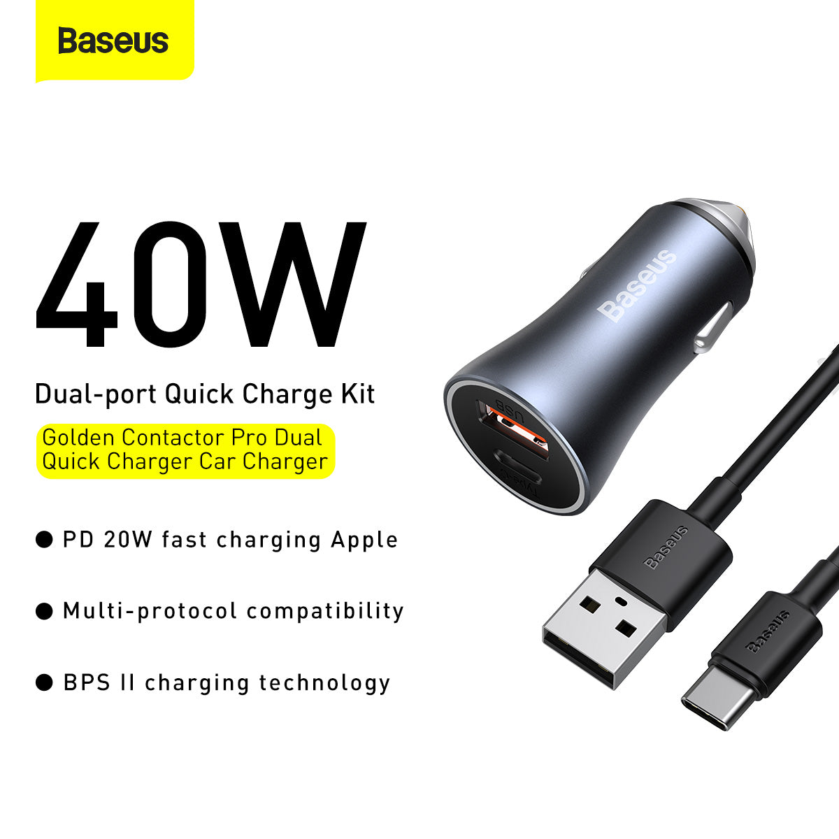 Baseus Golden Contactor Pro Fast Car Charger USB Type C / USB 40 W Power Delivery 3.0 Quick Charge 4+ SCP FCP AFC + USB Cable - USB Type C Grey (TZCCJD-0G)