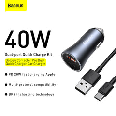 Baseus Golden Contactor Pro Fast Car Charger USB Type C / USB 40 W Power Delivery 3.0 Quick Charge 4+ SCP FCP AFC + USB Cable - USB Type C Grey (TZCCJD-0G)