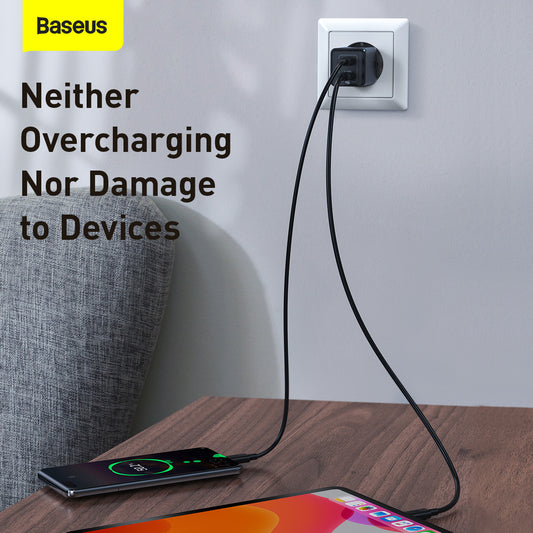 Baseus Gan Mini Type-C and USB 45W Dual Port Output Quick Travel Charger Compatible with Full Quick Charge Protocols with Mini Type C to Type C 60W, 1 m Charging Cable (Black)CCGAN-N01