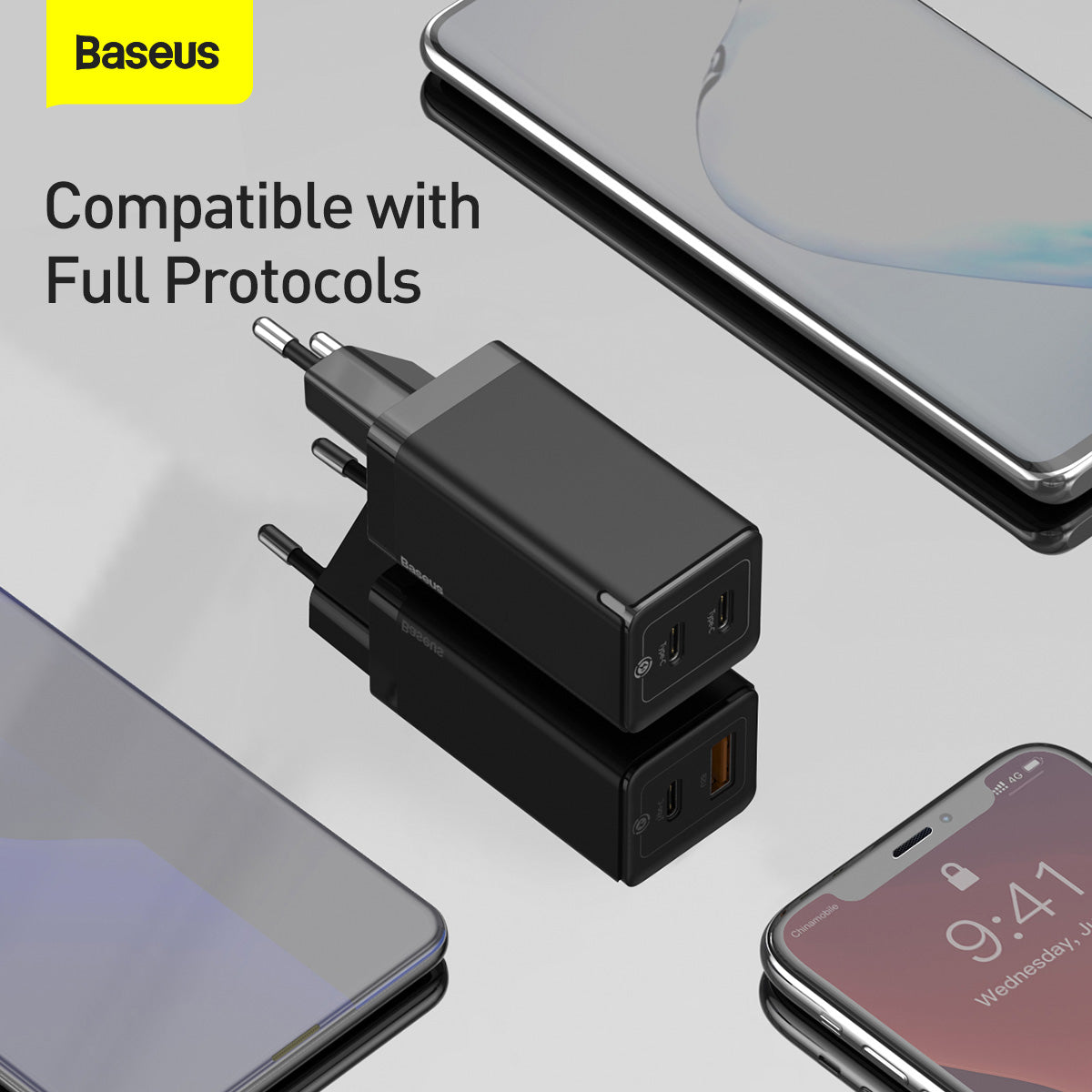 Baseus Gan Mini Type-C and USB 45W Dual Port Output Quick Travel Charger Compatible with Full Quick Charge Protocols with Mini Type C to Type C 60W, 1 m Charging Cable (Black)