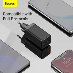 Baseus Gan Mini Type-C and USB 45W Dual Port Output Quick Travel Charger Compatible with Full Quick Charge Protocols with Mini Type C to Type C 60W, 1 m Charging Cable (Black)