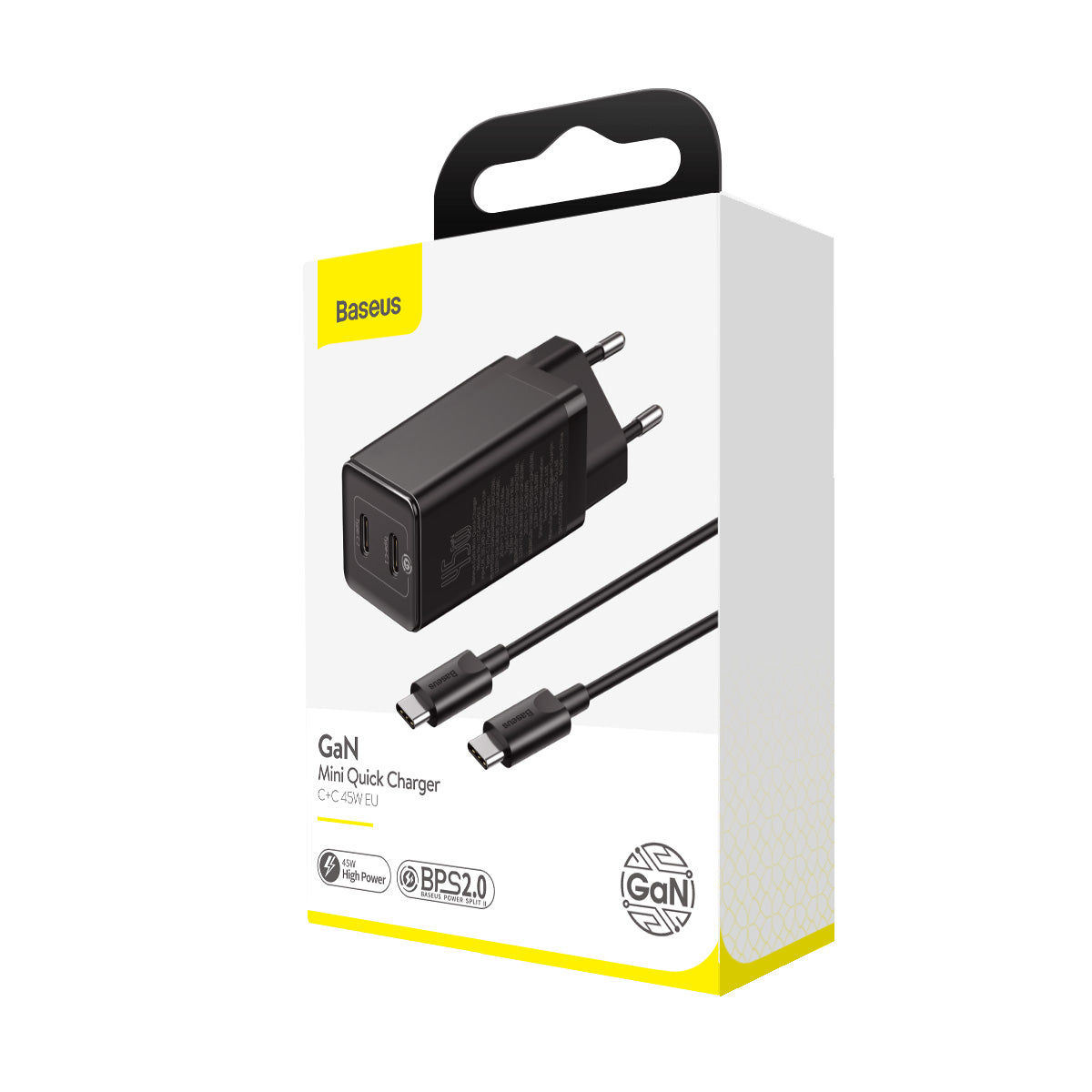 Baseus Gan Mini Type-C and USB 45W Dual Port Output Quick Travel Charger Compatible with Full Quick Charge Protocols with Mini Type C to Type C 60W, 1 m Charging Cable (Black)