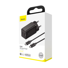Baseus Gan Mini Type-C and USB 45W Dual Port Output Quick Travel Charger Compatible with Full Quick Charge Protocols with Mini Type C to Type C 60W, 1 m Charging Cable (Black)