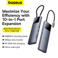 Baseus Hub 10in1 Metal Gleam II Series, USB-C to 1xHDMI, USB-A (10Gbps), USC-C, 2xUSB-A, Ethernet RJ45, SD/TF card, mini-jack 3,5mm, USB-C(PD)-B00061800813-00
