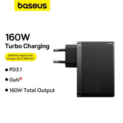 Baseus GaN5 Pro Digital Fast Charger 2C+U 160W EU Cluster Black (With Superior Series Fast Charging Data Cable Type-C to Type-C 240W 48V/5A)