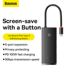 Baseus Lite Series 5-Port USB-C to HDMI+USB3.0x3+PD (Black)-WKQX080201