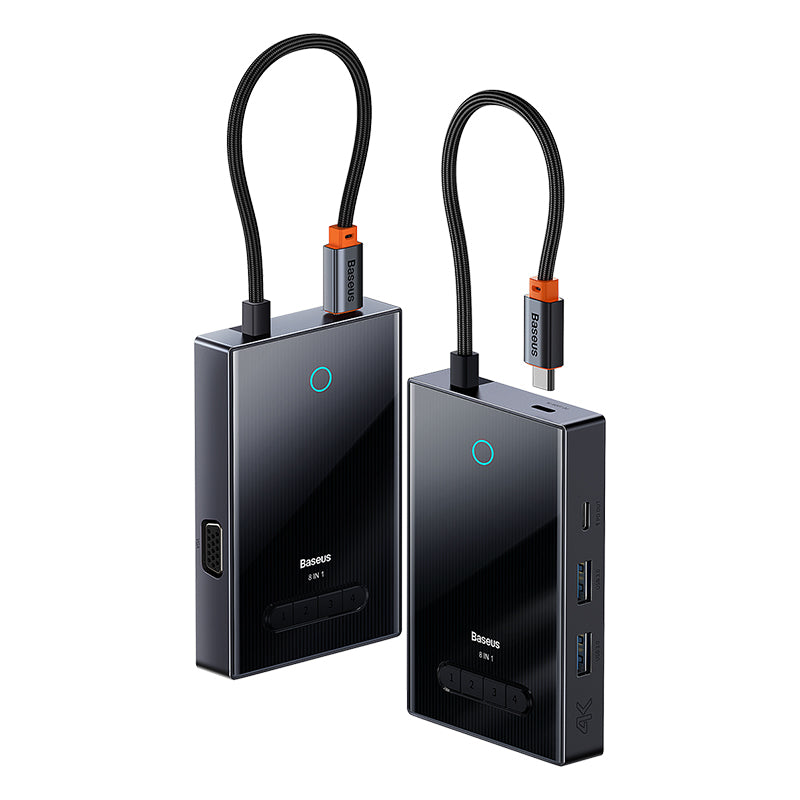Baseus PioneerJoy 8-Port Four-Screen Type-C HUB Adapter Gray(Type-C to HDMI4K@60Hz*1+HDMI4K@30Hz*1+DP8K@30Hz*1+VGA+USB3.0*2+Type-C(Data+PD out)*1+PD*1)-WKYY030413