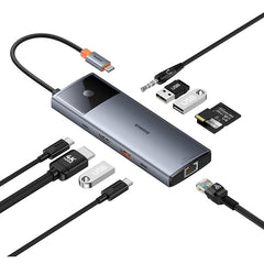 Baseus Hub 10in1 Metal Gleam II Series, USB-C to 1xHDMI, USB-A (10Gbps), USC-C, 2xUSB-A, Ethernet RJ45, SD/TF card, mini-jack 3,5mm, USB-C(PD)-B00061800813-00