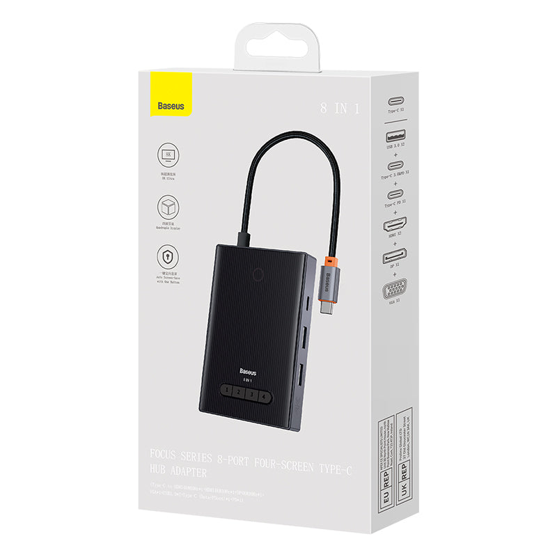 Baseus PioneerJoy 8-Port Four-Screen Type-C HUB Adapter Gray(Type-C to HDMI4K@60Hz*1+HDMI4K@30Hz*1+DP8K@30Hz*1+VGA+USB3.0*2+Type-C(Data+PD out)*1+PD*1)-WKYY030413