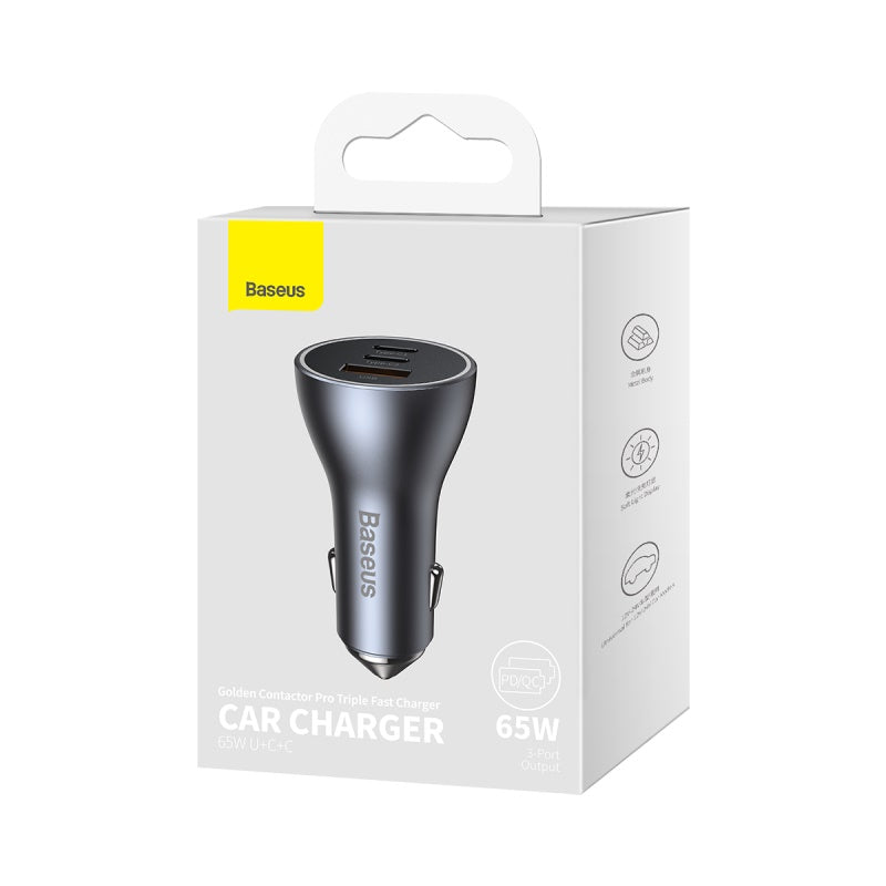 Baseus Golden Contactor Pro Triple Fast Charger Car Charger 65W U+C+C Dark Gray-CGJP010013