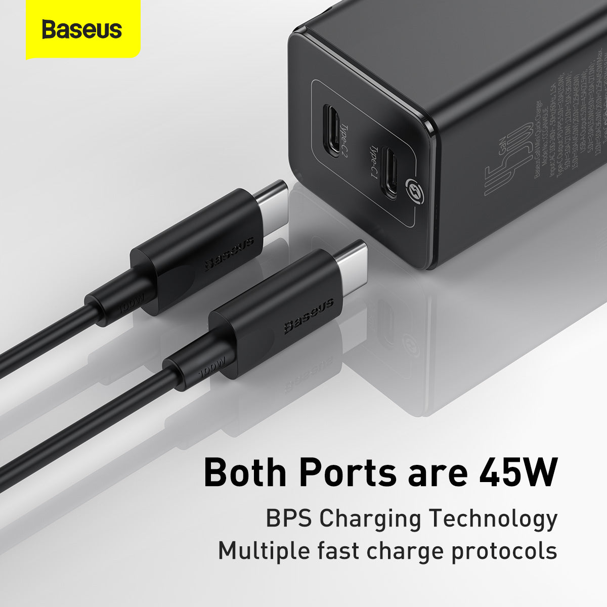 Baseus Gan Mini Type-C and USB 45W Dual Port Output Quick Travel Charger Compatible with Full Quick Charge Protocols with Mini Type C to Type C 60W, 1 m Charging Cable (Black)