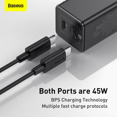 Baseus Gan Mini Type-C and USB 45W Dual Port Output Quick Travel Charger Compatible with Full Quick Charge Protocols with Mini Type C to Type C 60W, 1 m Charging Cable (Black)