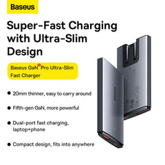 Baseus GaN5 Pro Ultra Slim Flat USB-C + USB-A 65W Fast Charger - CCGP150113
