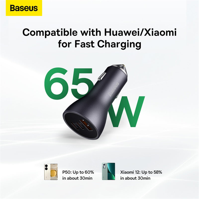 Baseus Golden Contactor Pro Triple Fast Charger Car Charger 65W U+C+C Dark Gray-CGJP010013