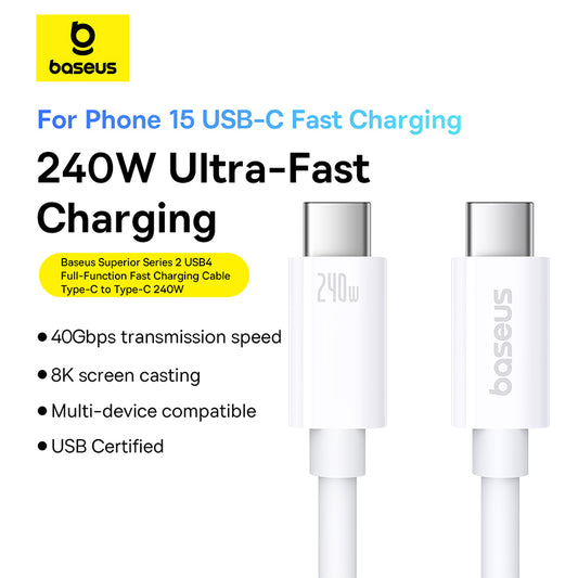 Baseus Superior Series 2 USB4 Full-Function Fast Charging Cable Type-C to Type-C 240W 1m Moon White-P10365200211-02