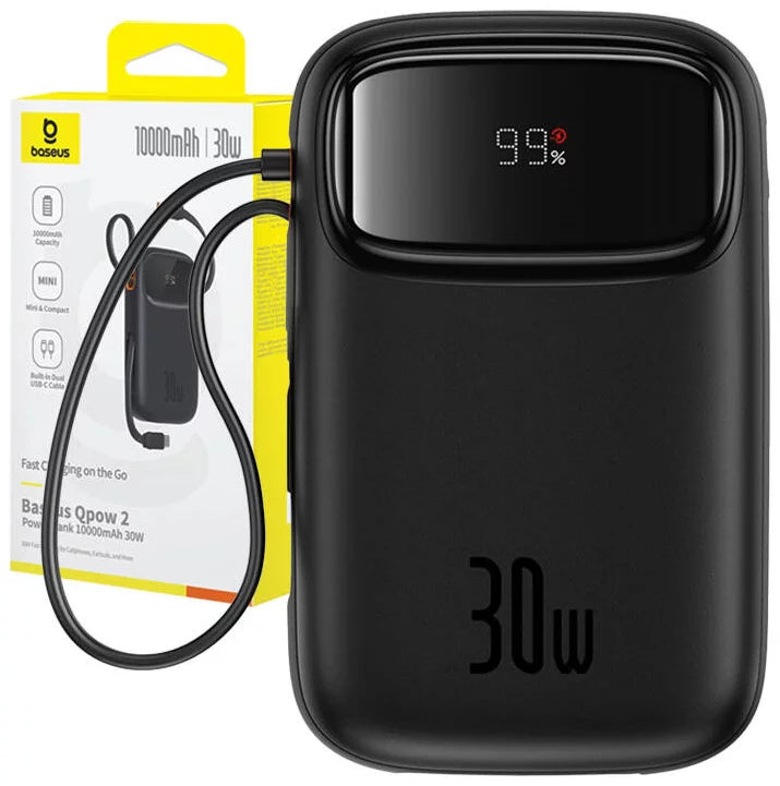 Baseus QPow 2 Digital Display Fast-Charging Power Bank with 2 Built-in Type-C Cable 10000mAh 30W Cluster Black