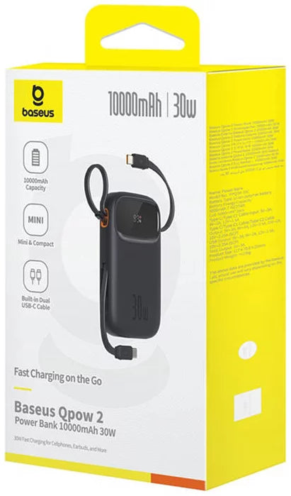 Baseus QPow 2 Digital Display Fast-Charging Power Bank with 2 Built-in Type-C Cable 10000mAh 30W Cluster Black