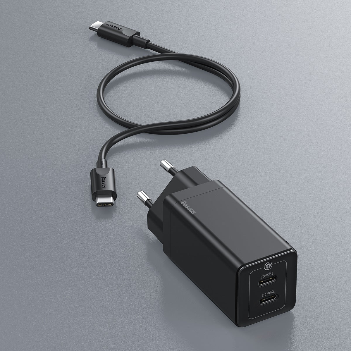 Baseus Gan Mini Type-C and USB 45W Dual Port Output Quick Travel Charger Compatible with Full Quick Charge Protocols with Mini Type C to Type C 60W, 1 m Charging Cable (Black)