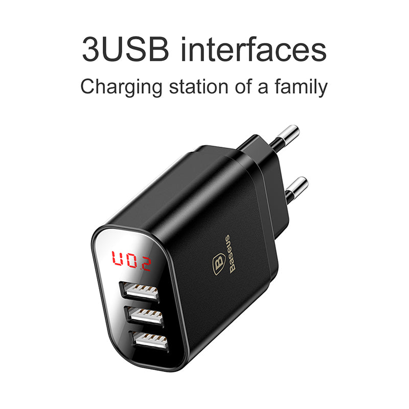 Baseus Mirror Lake Digital Display 3Xusb Ports Travel Charger Adapter Eu Plug (CCALL-BH01)