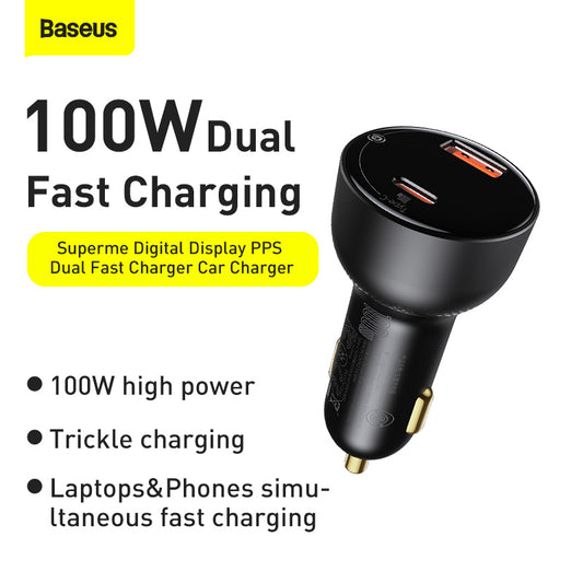 Baseus Supreme Digital Display PPS 100W Dual Quick Charger Car Charger + 100W Cable (TZCCZX-01)