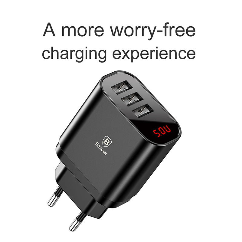 Baseus Mirror Lake Digital Display 3Xusb Ports Travel Charger Adapter Eu Plug (CCALL-BH01)