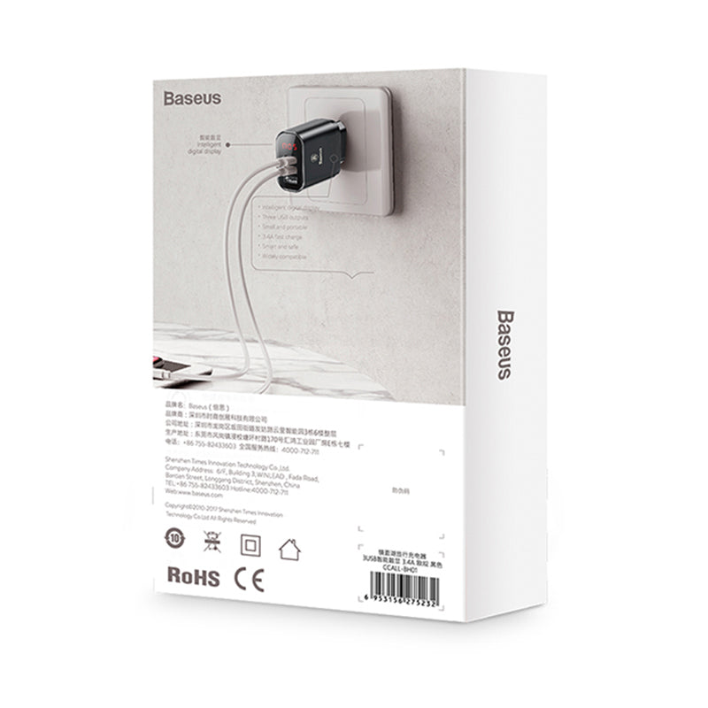 Baseus Mirror Lake Digital Display 3Xusb Ports Travel Charger Adapter Eu Plug (CCALL-BH01)
