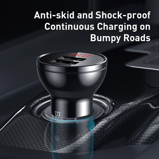 Baseus Digital Display Dual USB 4.8A Car Charger 24W With 3-in-1 Data Cable (TZCCBX-0G)