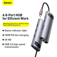 Baseus Metal Gleam 8 in 1 Multifunctional USB Type-C Hub Grey (CAHUB-CV0G)