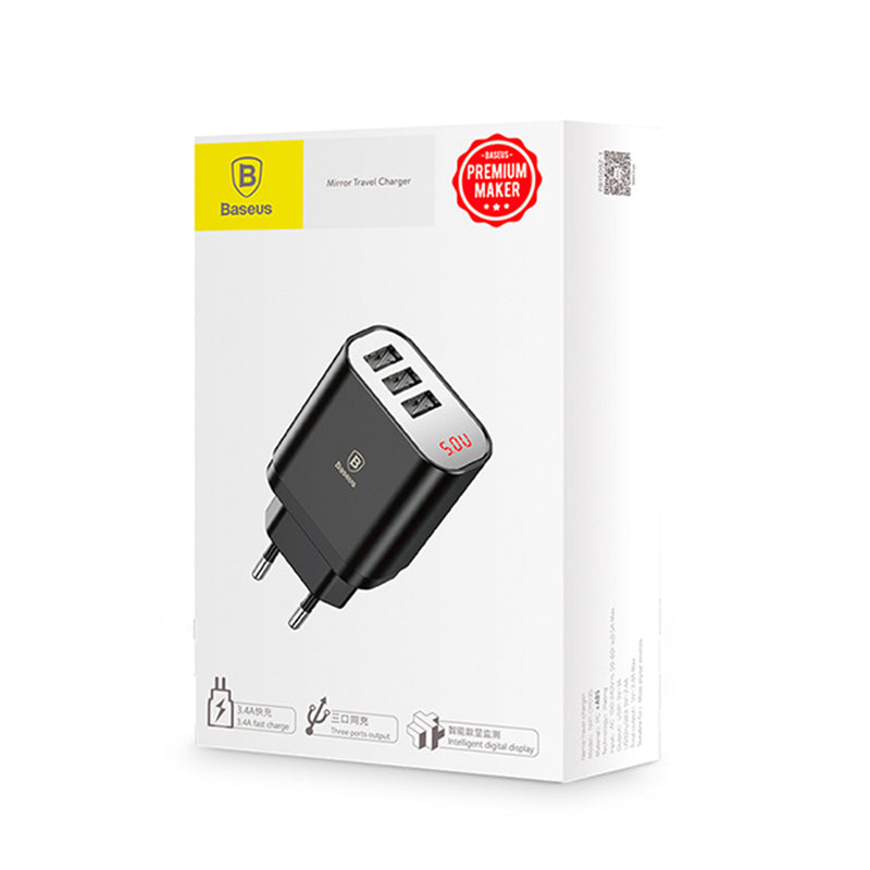 Baseus Mirror Lake Digital Display 3Xusb Ports Travel Charger Adapter Eu Plug (CCALL-BH01)