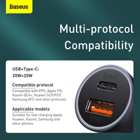 Baseus Golden Contactor Pro Fast Car Charger USB Type C / USB 40 W Power Delivery 3.0 Quick Charge 4+ SCP FCP AFC + USB Cable - USB Type C Grey (TZCCJD-0G)