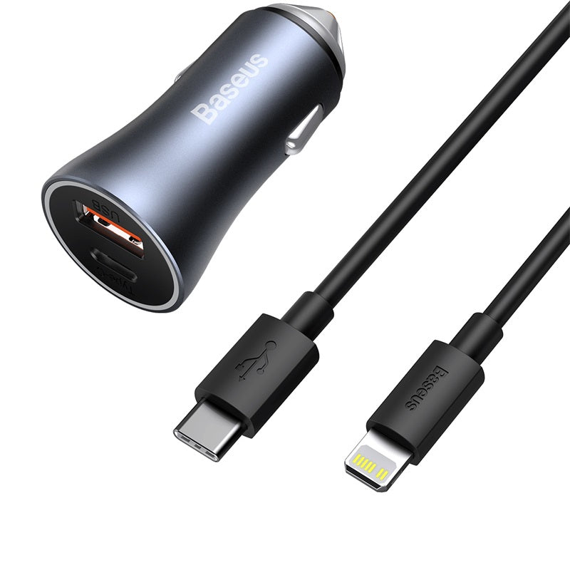 Baseus Golden Contactor Pro Fast Car Charger USB Type C / USB 40 W Power Delivery 3.0 Quick Charge 4+ SCP FCP AFC + USB Cable - USB Type C Grey (TZCCJD-B0G)