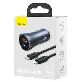 Baseus Golden Contactor Pro Fast Car Charger USB Type C / USB 40 W Power Delivery 3.0 Quick Charge 4+ SCP FCP AFC + USB Cable - USB Type C Grey (TZCCJD-0G)