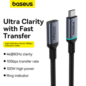 BASEUS Type-C Female to Type-c Male Extension Cable 4K 60Hz Clarity 10Gbps Braided Fast Charging Cable 1m Black -B0063370C111-01
