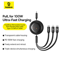 Baseus Free2Draw Retractable Crystal Fast Charging Data Cable Type-C to M+L+C 100W 1.1m Cluster Black-P10368700111-04