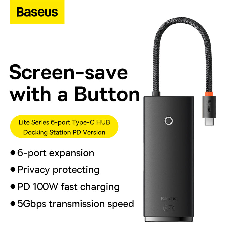 Baseus Lite Series 6-Port USB Type C Hub (Type-C to HDMI+USB3.0*2+PD+SD/TF) (Black)