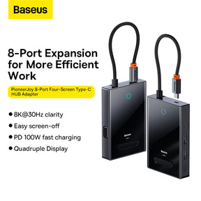 Baseus PioneerJoy 8-Port Four-Screen Type-C HUB Adapter Gray（Type-C to HDMI4K@60Hz*1+HDMI4K@30Hz*1+DP8K@30Hz*1+VGA+USB3.0*2+Type-C（Data+PD out)*1+PD*1）-WKYY030413