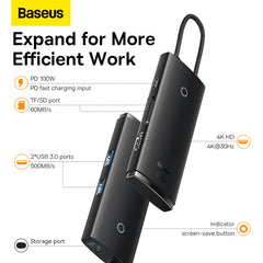 Baseus Lite Series 6-Port USB Type C Hub (Type-C to HDMI+USB3.0*2+PD+SD/TF) (Black)-WKQX080301