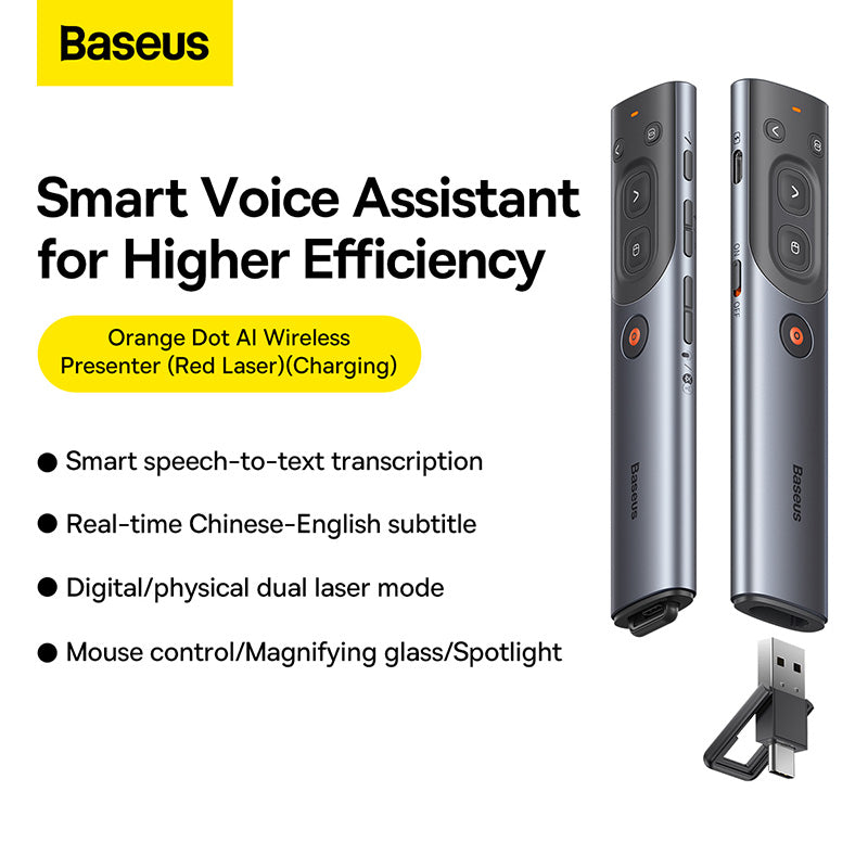 Baseus Orange Dot AI Wireless Presenter (Red Laser) | Rechargeable, Intelligent Voice Recording, Real-Time Voice Translation - Grey-WKCD020013