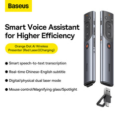 Baseus Orange Dot AI Wireless Presenter (Red Laser) | Rechargeable, Intelligent Voice Recording, Real-Time Voice Translation - Grey-WKCD020013