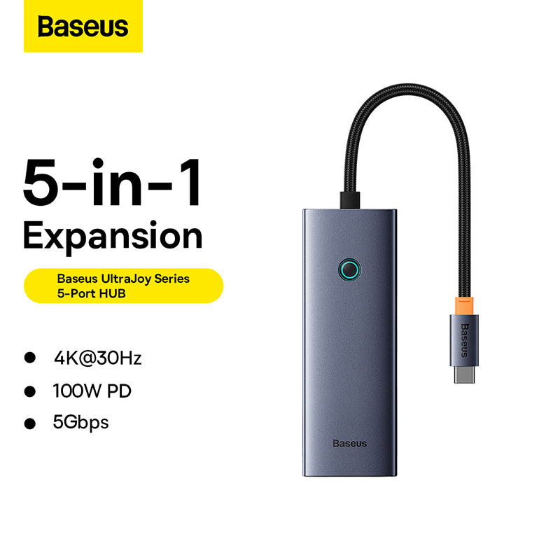 Baseus USB 集线器 5 合 1 集线器 UltraJoy 系列 USB-C 转 HDMI4K@30Hz+3xUSB 3.0+1xPD (灰色)-B00052801811-00