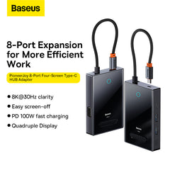 Baseus PioneerJoy 8-Port Four-Screen Type-C HUB Adapter Gray（Type-C to HDMI4K@60Hz*1+HDMI4K@30Hz*1+DP8K@30Hz*1+VGA+USB3.0*2+Type-C（Data+PD out)*1+PD*1）-WKYY030413