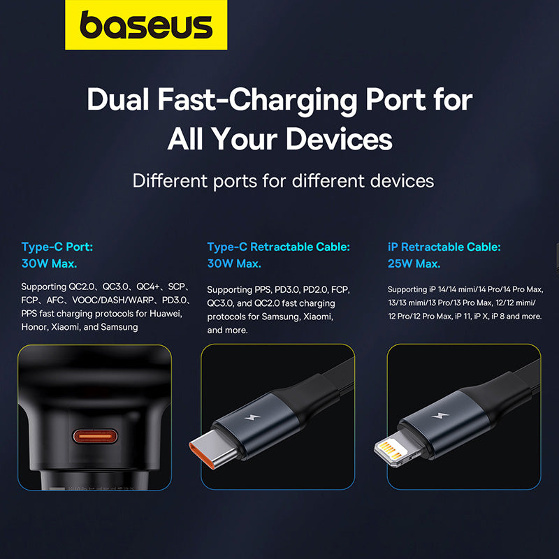 Baseus Enjoyment Pro Car Charger C+Retractable iP Cable 55W-C00057803111-00