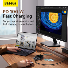 Baseus PioneerJoy 8-Port Four-Screen Type-C HUB Adapter Gray（Type-C to HDMI4K@60Hz*1+HDMI4K@30Hz*1+DP8K@30Hz*1+VGA+USB3.0*2+Type-C（Data+PD out)*1+PD*1）-WKYY030413