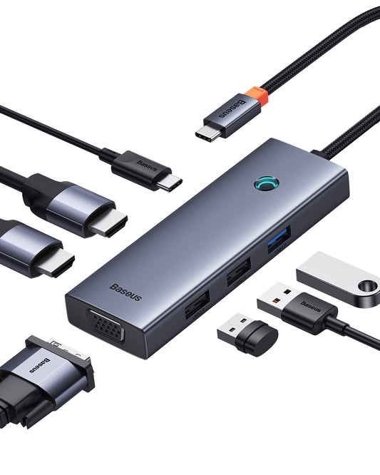 Baseus PortalJoy Series 7-Port Triple-Display HUB Space Grey（Type-C to HDMI4K@60Hz*1+HDMI4K@30Hz*1+VGA*1+USB3.0*1+USB2.0*2+PD*1）-B00053000811-00
