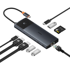 USB Hub Baseus Adapter Hub 10in1 USB-C - 2xHDMI, 3xUSB-A, USB-C, RJ45, SD/TF, PD (black)-B00061800123-00