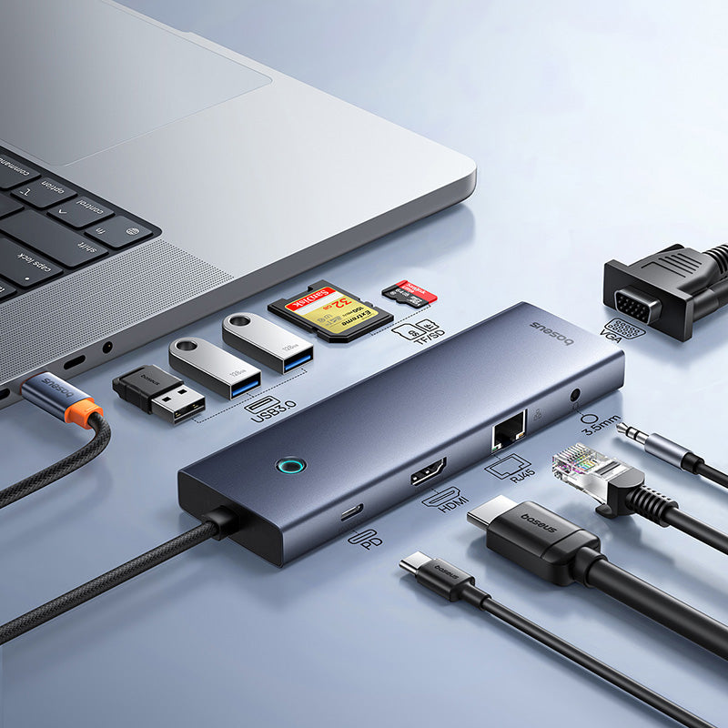 USB Hub Baseus 10-Port HUB Type-C UltraJoy HDMI, VGA, 3xUSB 3.0, PD, RJ45, SD/TF, 3.5mmGrey-B0005280C811-00