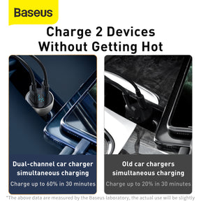 Baseus USB / USB Type C Car Charger 65 W 5 A SCP Quick Charge 4.0+ Power Delivery 3.0 LCD Screen + USB Type C - USB Type C Cable Grey (TZCCKX-0G)