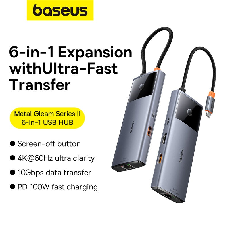 Baseus Hub Metal Gleam Series II 6 in 1 Type-C HUB HDMI 4K60HZ Rj45 Space Grey- B00061802813-00