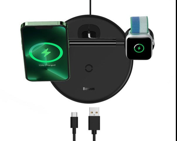 Baseus swan 3-in-1 Wireless Msagnetic Charging Bravket 20W Blavk Universal Version (invlude for type-c 3A 1m)